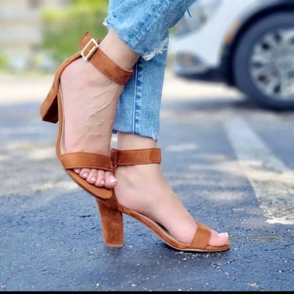 Stylish Women’s Tan Suede Block Heel Sandals – Dress Shoes - Picture 1 of 5